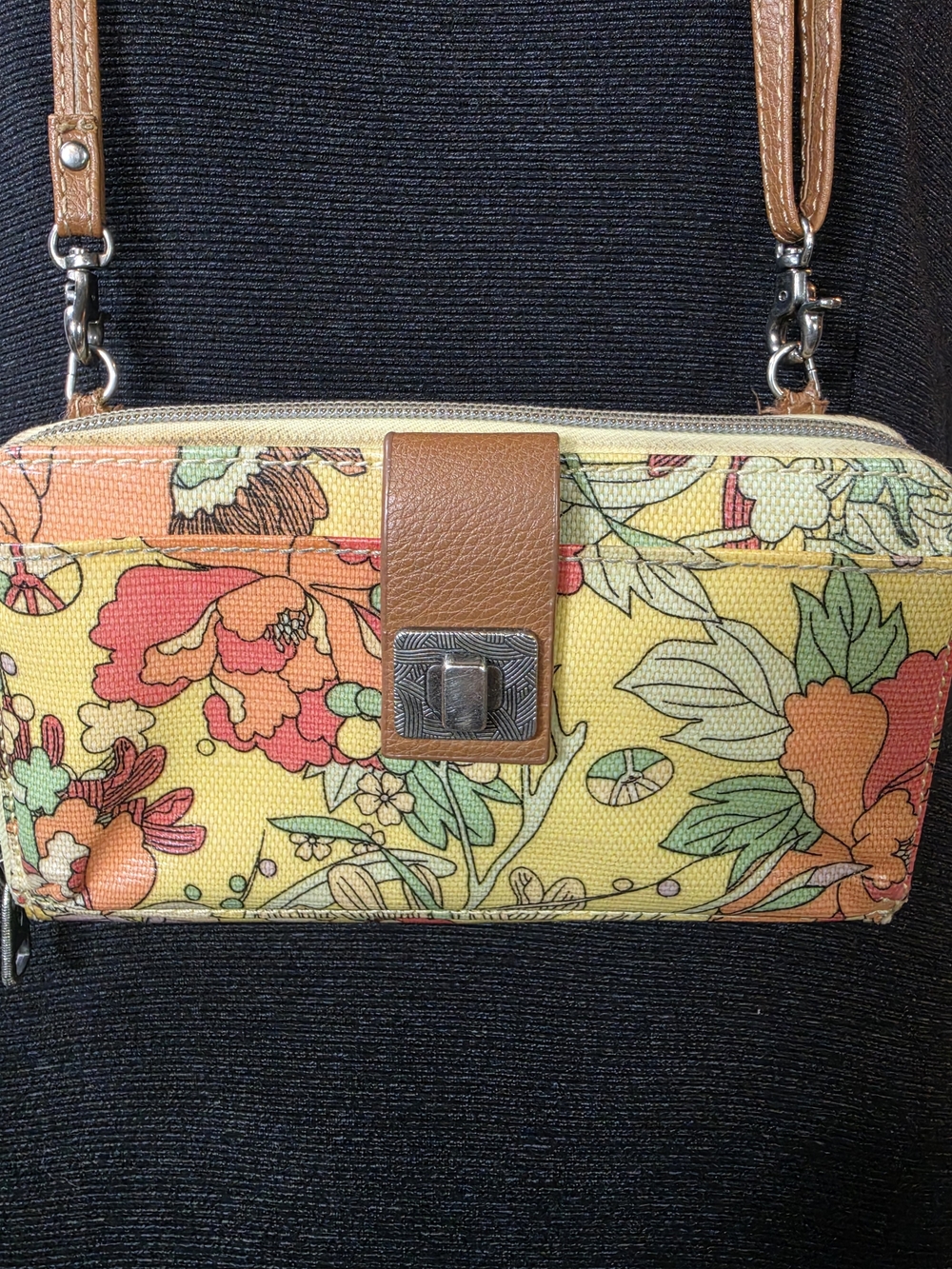 Sakroots Yellow Floral Crossbody Wallet with Tan Strap - Picture 3 of 12